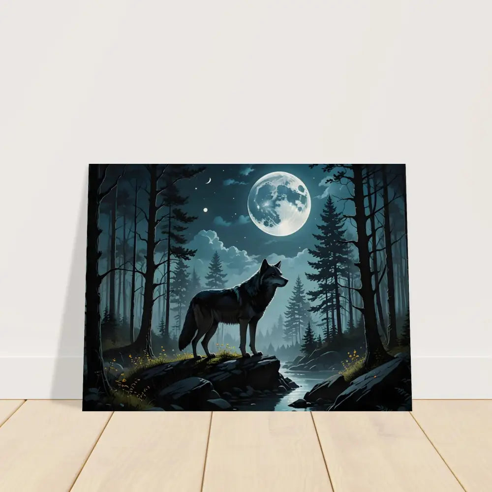 Wolf in moonlit forest canvas art featured on Wood Print – Wolf Moon Reverie by PixiOnyx