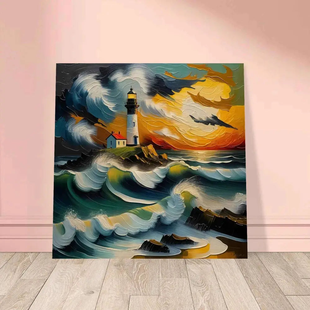 Vibrant impressionistic lighthouse on rocky coast wood print showcases organic texture deepens