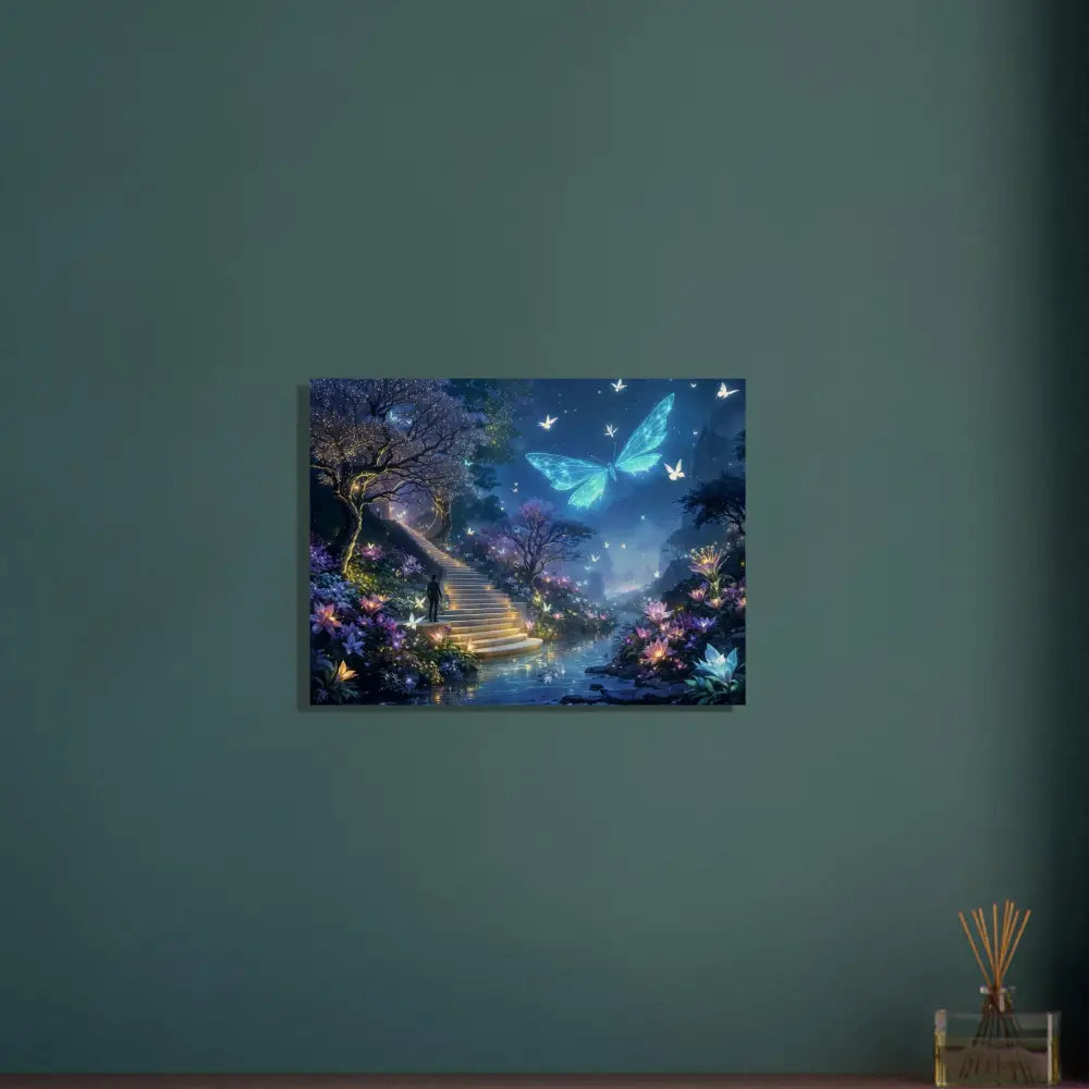 Fantasy butterfly garden canvas displayed on Wood Prints Biolumina The Valley Beyond