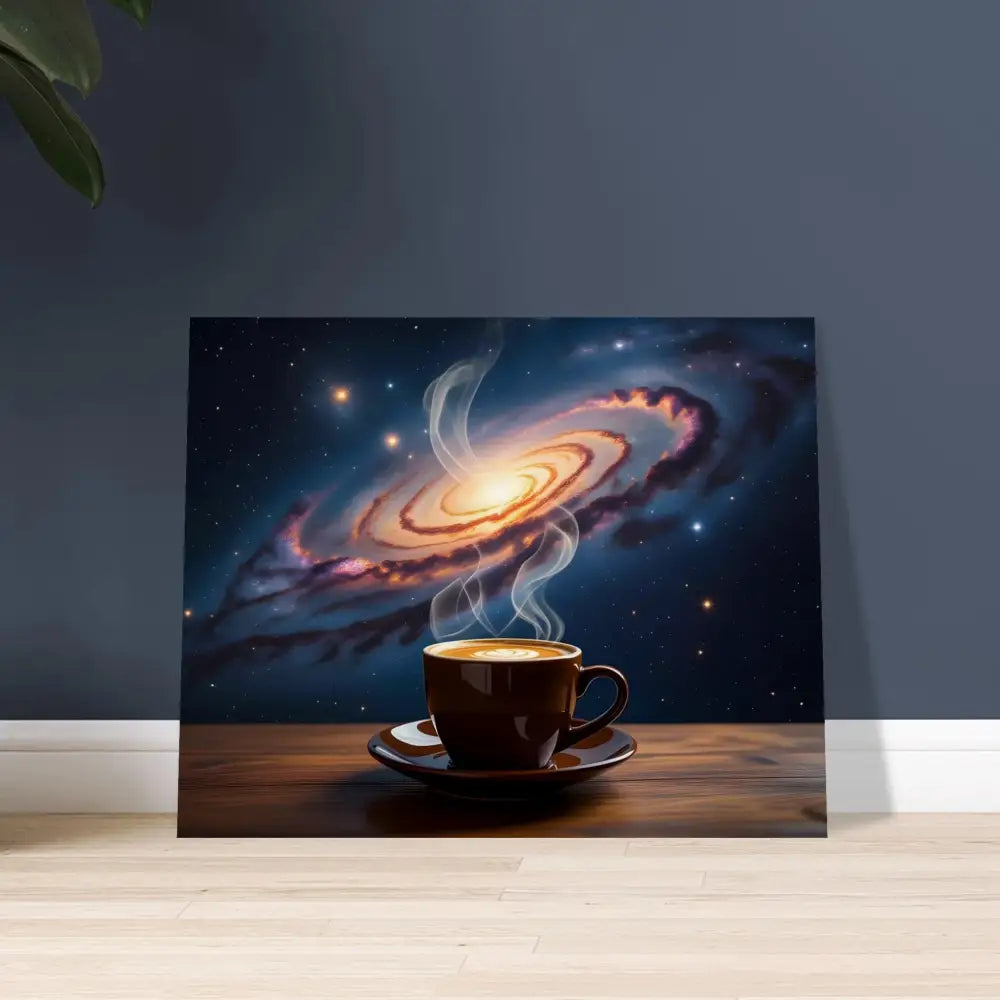 Galaxy coffee art print on PixiOnyx Dreamscape Wood Series product display