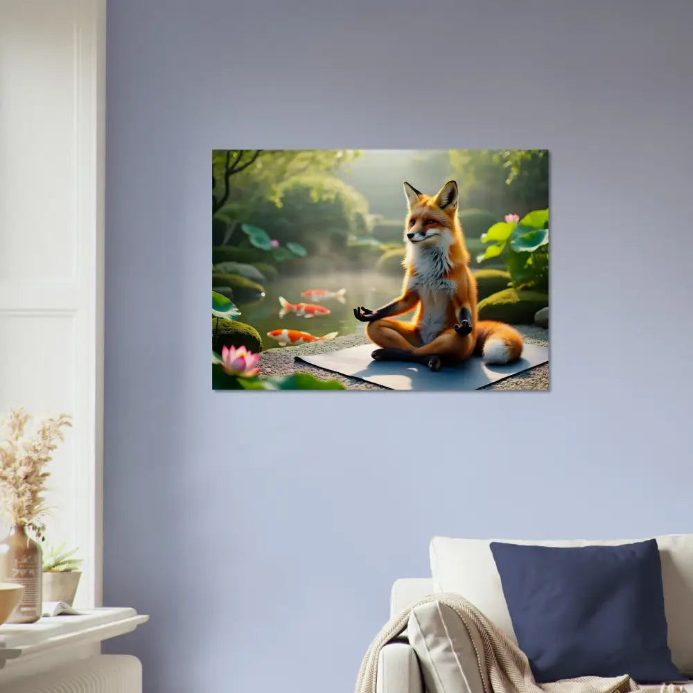 Fox meditating by a pond on a canvas in the Wood Prints Foxasana PixiOnyx Organic Stillness Panel