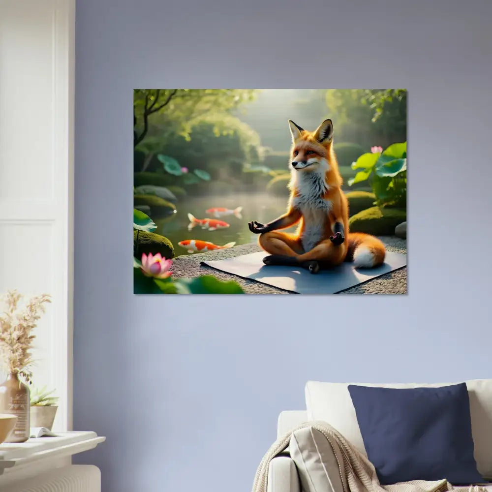 Fox meditating by a pond on a Canvas for the Wood Prints Foxasana PixiOnyx Organic Stillness Panel