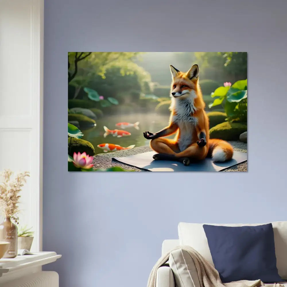Framed fox meditating print on Wood Prints Foxasana PixiOnyx Organic Stillness Panel