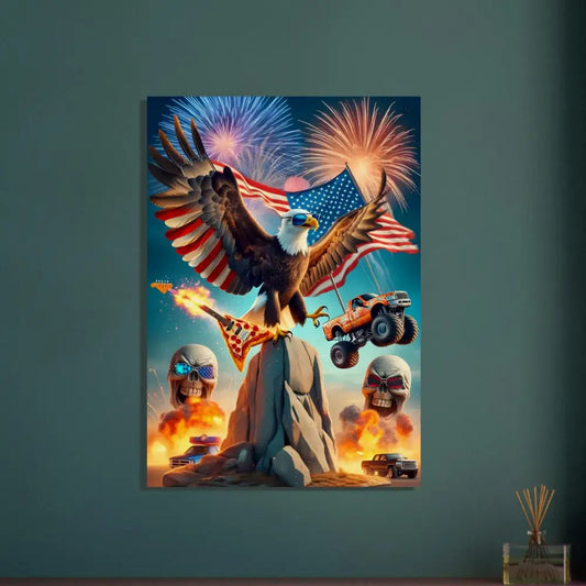 Patriotic eagle rock poster on Rustic Americana Wood Print from PixiOnyx