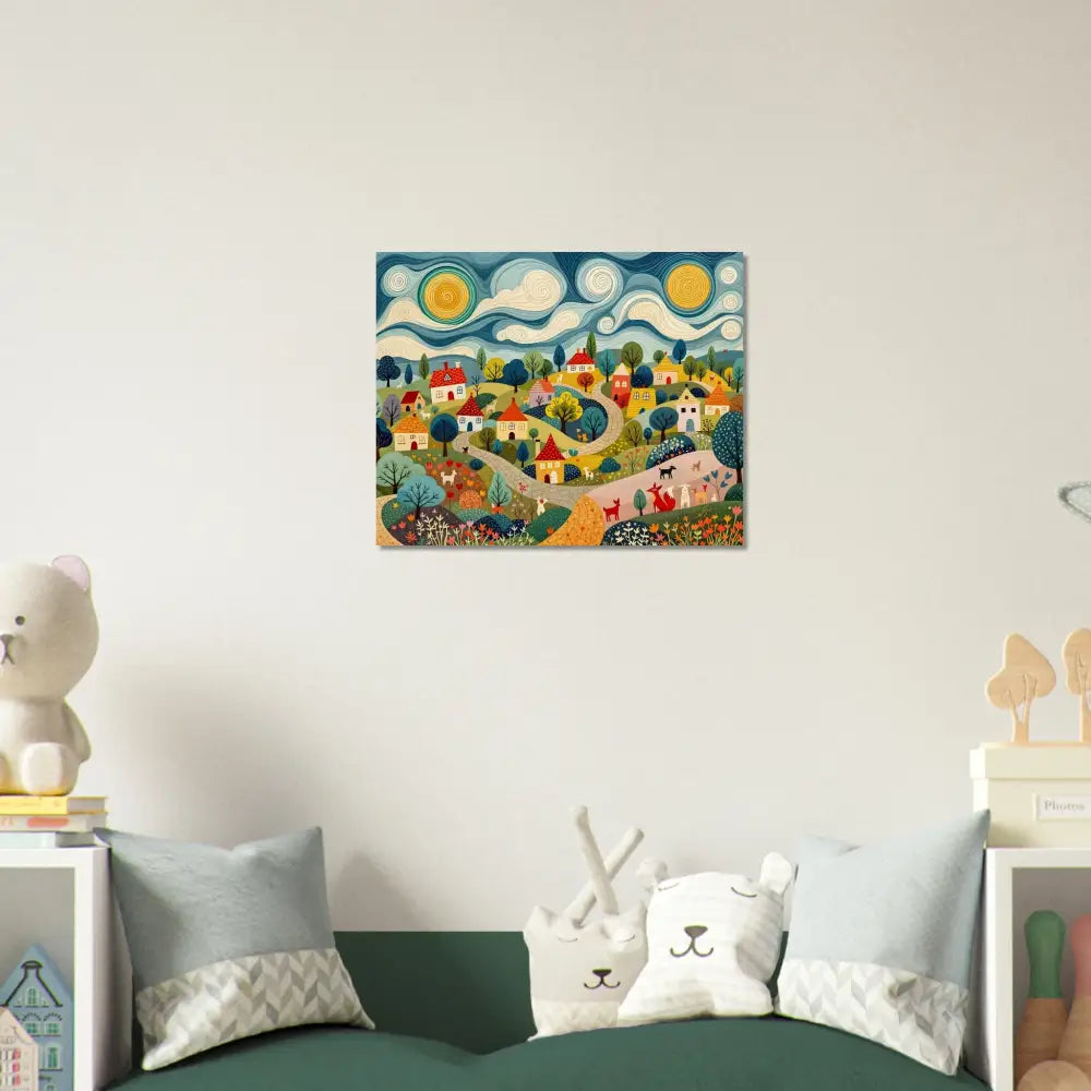 Colorful village painting displayed on Wood Prints Hillside Harmony PixiOnyx Naturalgrain Edition