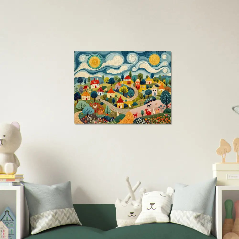Colorful village painting displayed on Wood Prints Hillside Harmony PixiOnyx Naturalgrain Edition
