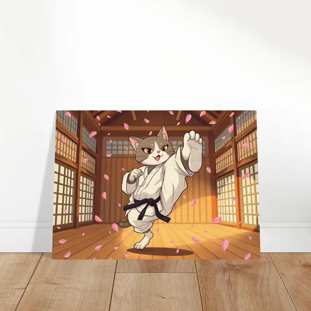 Whimsical Karate Cat art print on wood featuring Cherry Blossom Showdown design