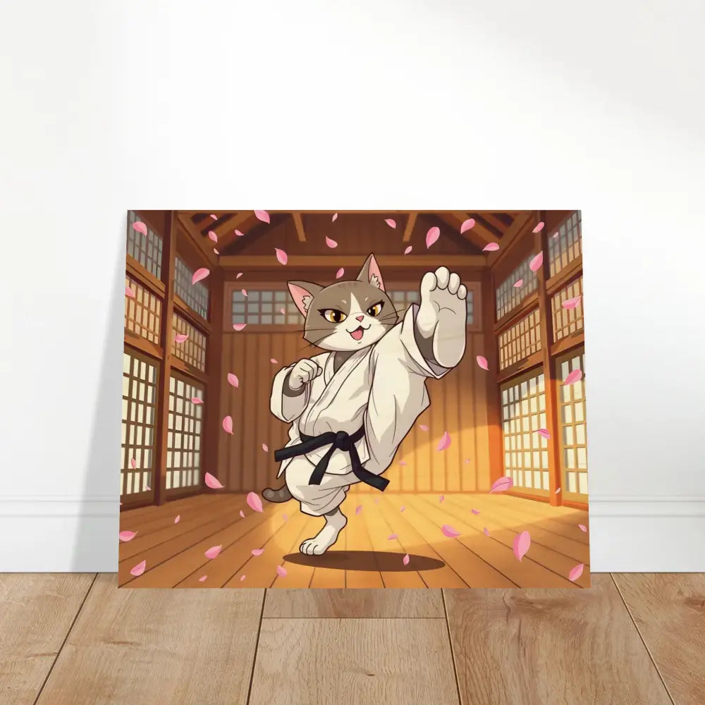 Wood print of Karate Cat art with cherry blossom background from PixiOnyx Whimsical Combat