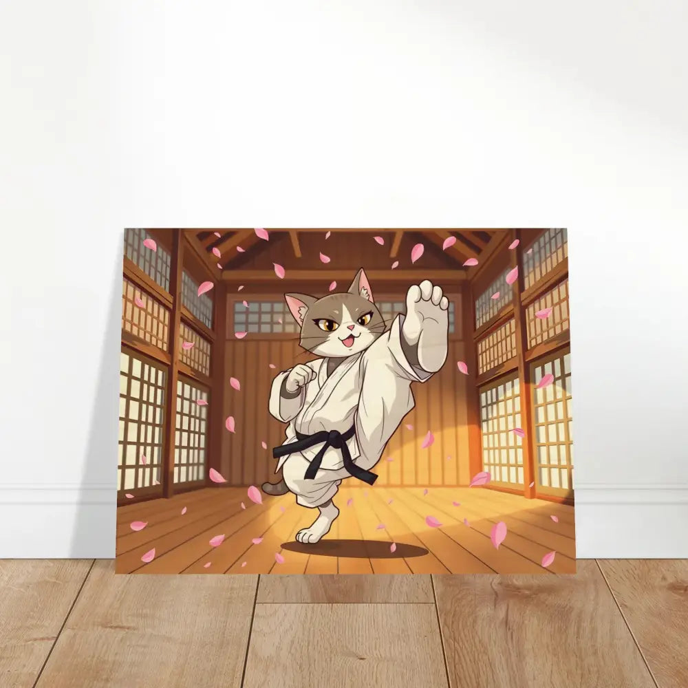 Karate Cat art print on wood displaying Cherry Blossom Showdown for PixiOnyx Whimsical Combat