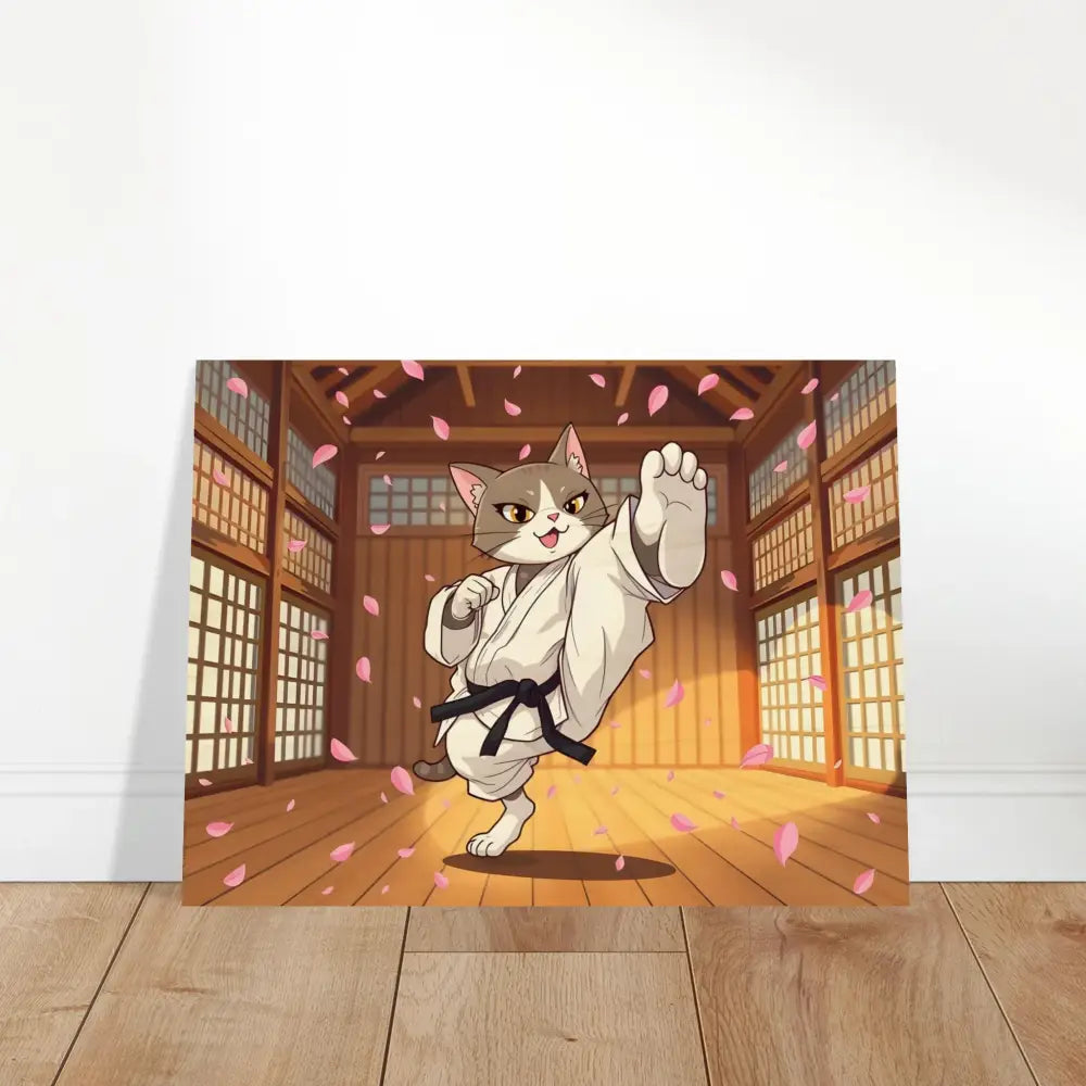 Whimsical Karate Cat art print on wood featuring Cherry Blossom Showdown by PixiOnyx