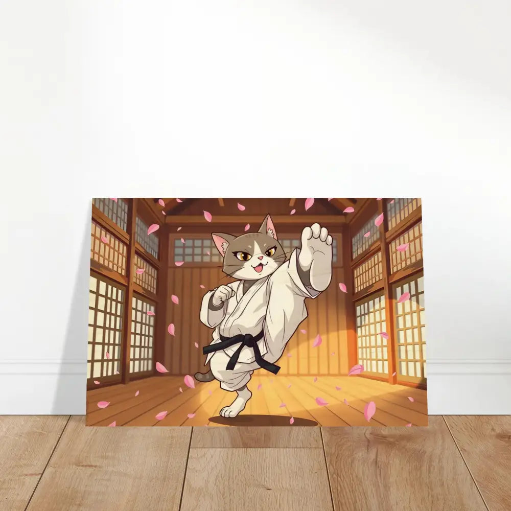 Karate Cat art print with cherry blossoms in whimsical combat scene on wood
