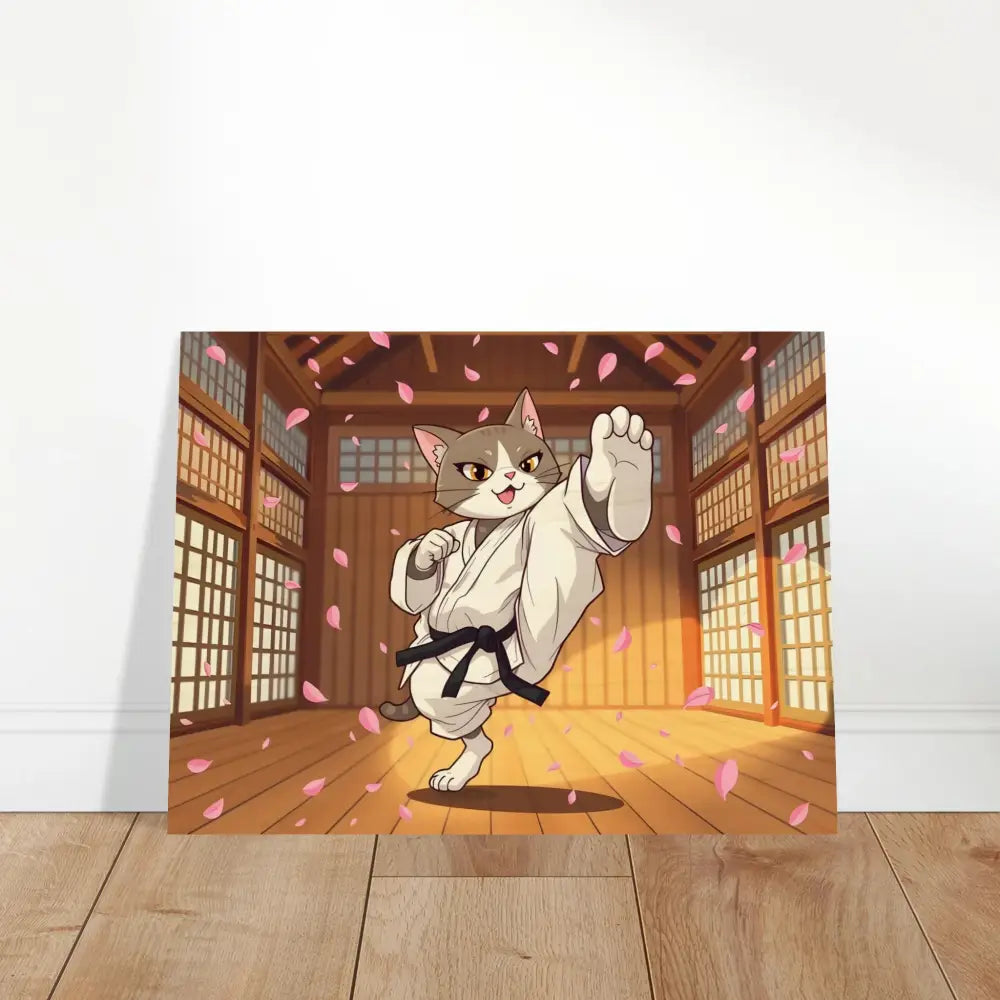 Karate Cat Art Print on Wood for Cherry Blossom Showdown by PixiOnyx