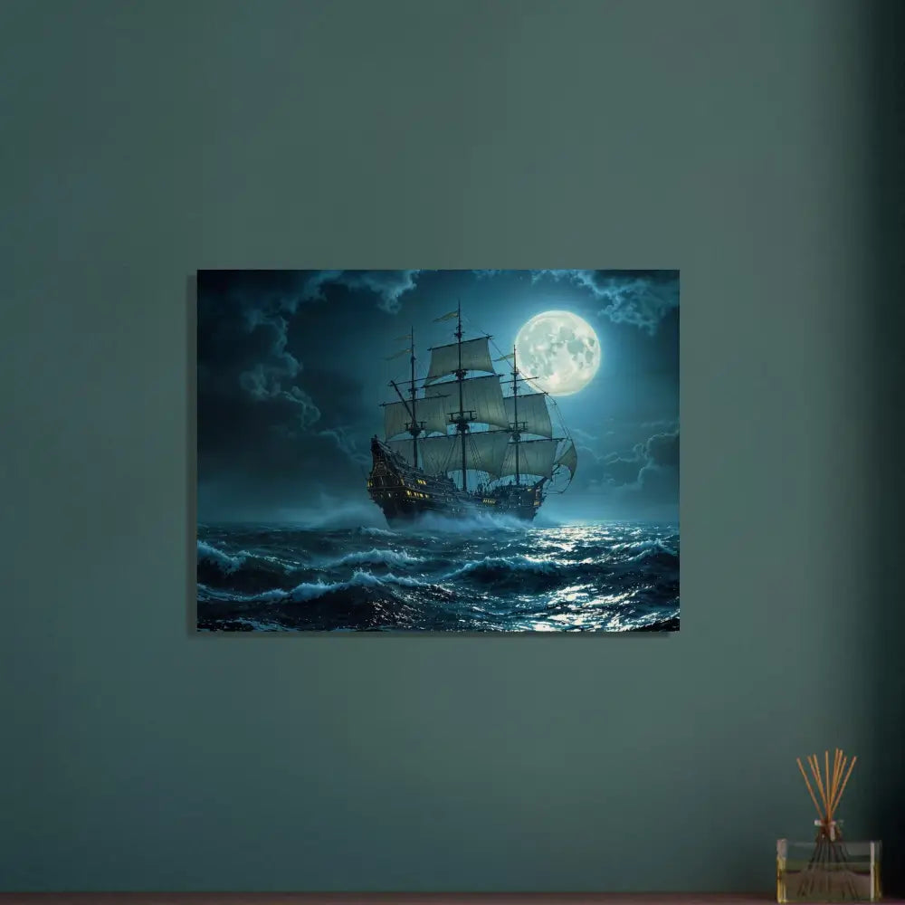 Moonlit sailing ship print from PixiOnyx Naturalgrain Voyage Edition displayed on wood