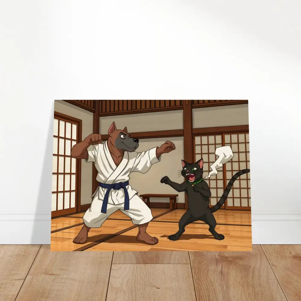 Cartoon karate dog and cat on Wood Prints Paws of Fury The Ultimate Standoff PixiOnyx