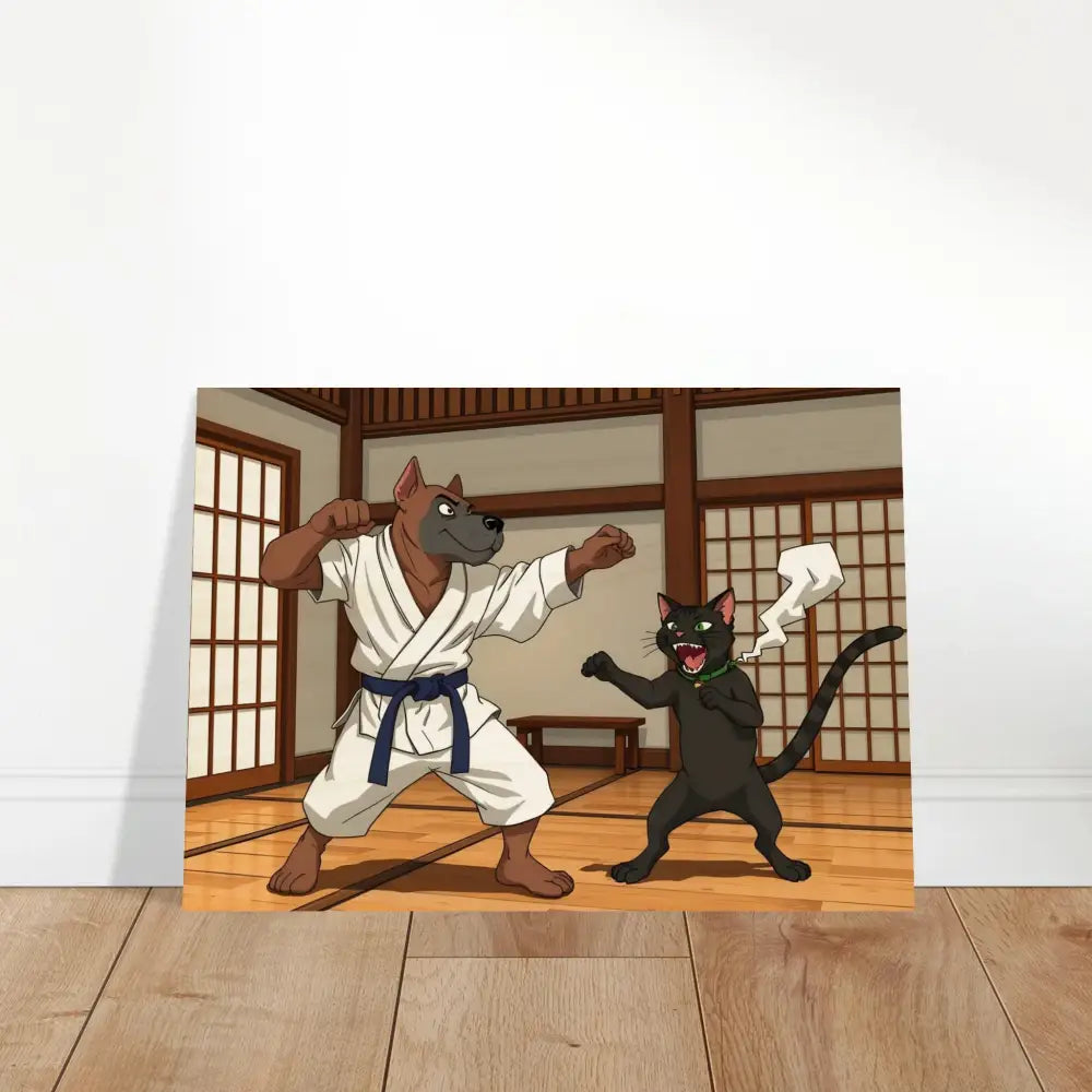 Karate dog and cat cartoon print from Paws of Fury Wood Prints by PixiOnyx Martial Mayhem
