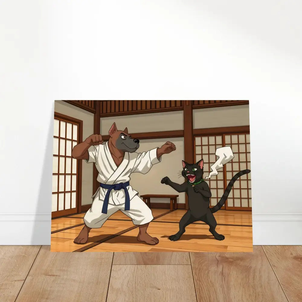 Cartoon karate dog and cat from Wood Prints Paws of Fury Martial Mayhem PixiOnyx