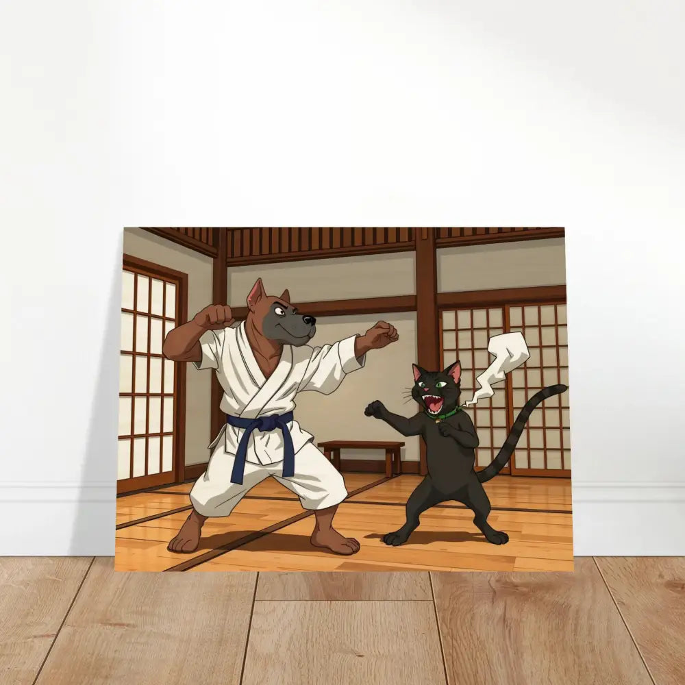 Cartoon dog and cat martial arts match on Wood Prints Paws of Fury PixiOnyx Martial Mayhem