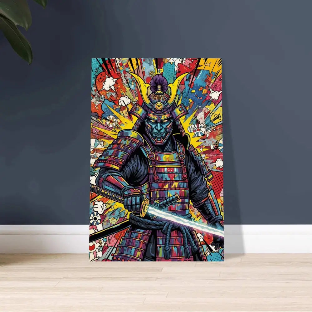 Vibrant pop art samurai splash poster on wood blends raw in PixiOnyx Timberline Series