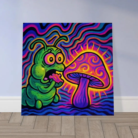 Psychedelic caterpillar and mushroom art on Wood Prints Shroomapillar Snack Attack PixiOnyx