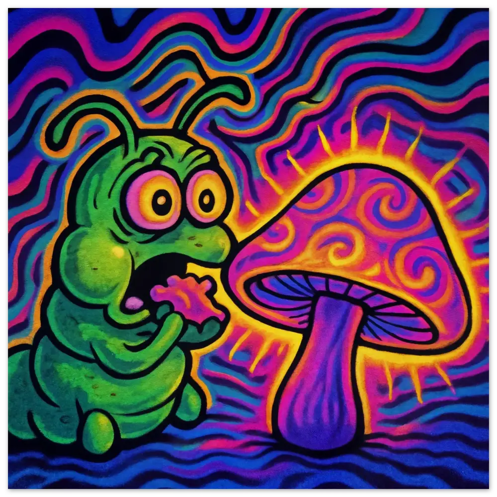 Psychedelic caterpillar eating near mushroom on Wood Prints Shroomapillar Snack Attack PixiOnyx