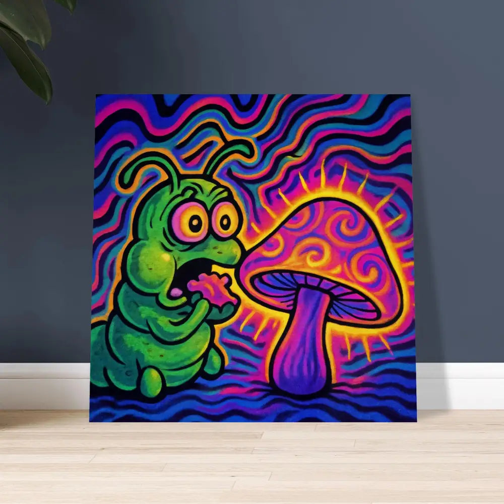 Psychedelic caterpillar and mushroom art on Wood Prints Shroomapillar Snack Attack PixiOnyx