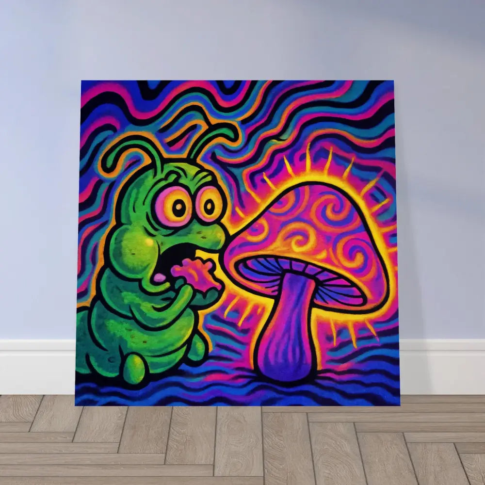Psychedelic caterpillar and mushroom art print on Wood Prints Shroomapillar Snack Attack PixiOnyx
