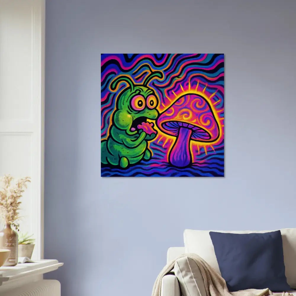 Psychedelic caterpillar and mushroom art on Wood Prints for Shroomapillar Snack Attack PixiOnyx