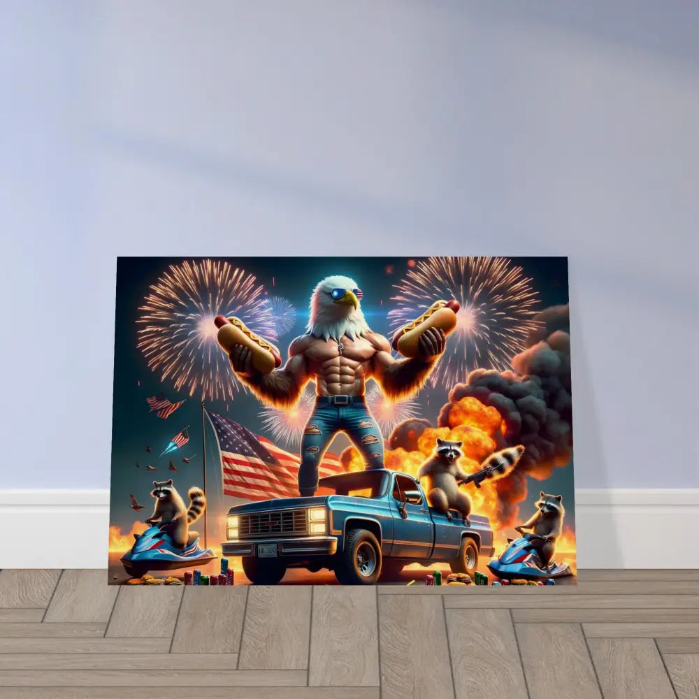 Humorous patriotic artwork on rustic wood print featuring Stars Stripes and Flaming Hot Dogs