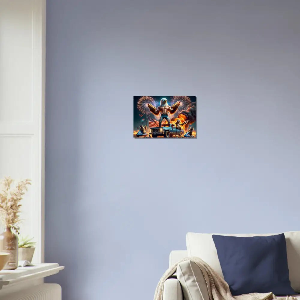 Patriotic framed artwork featuring Stars, Stripes, and Flaming Hot Dogs on Rustic Wood Print