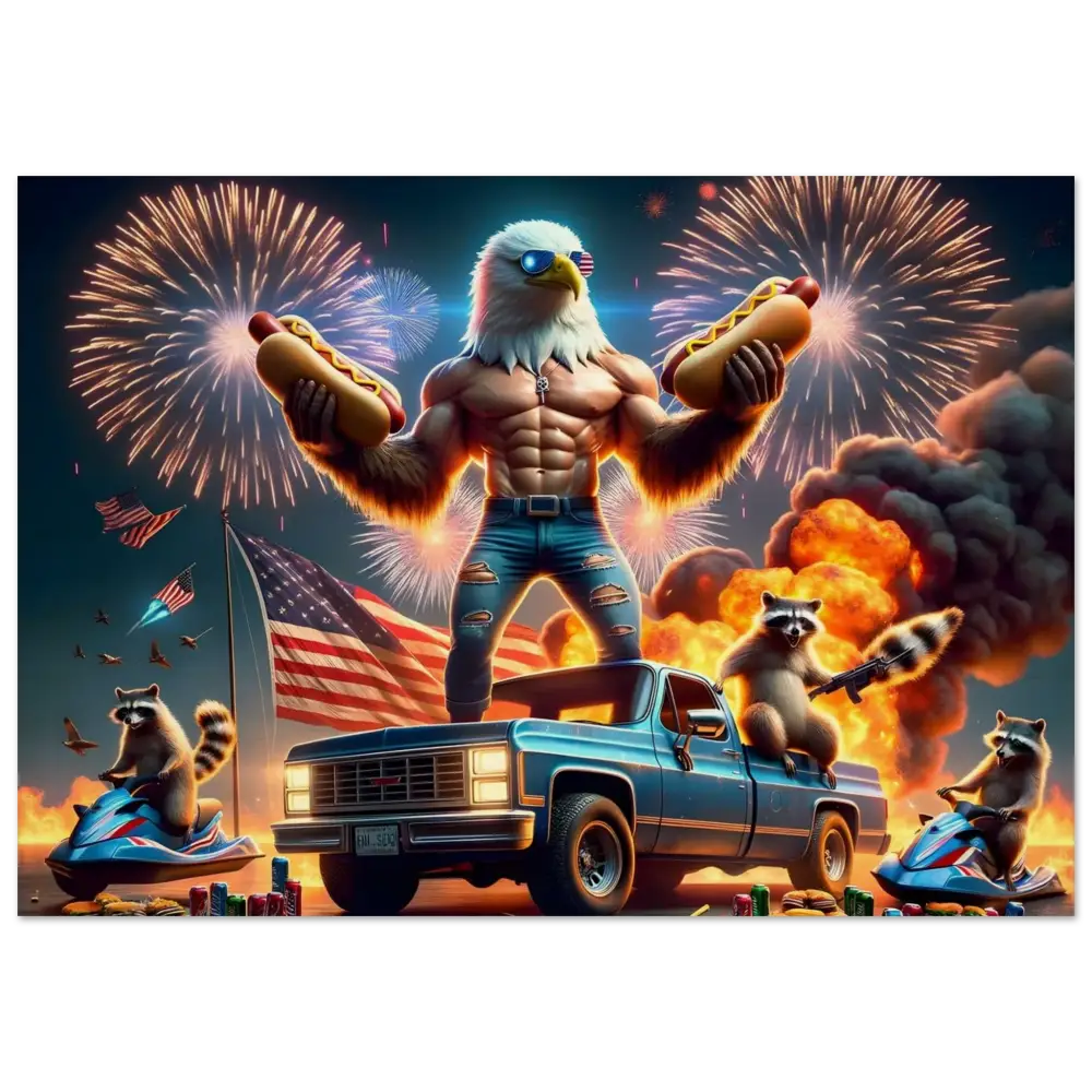 Patriotic eagle-human hybrid holding hotdogs on wooden print for Americana decor