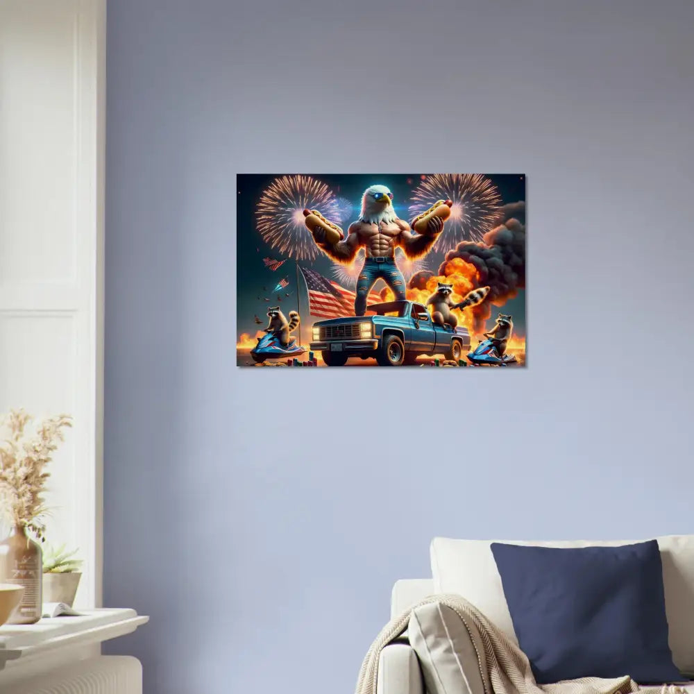 Patriotic eagle-themed rustic Americana art on Wood Print with stars stripes and flaming hot dogs