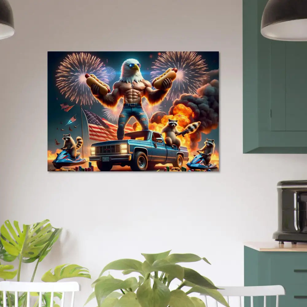 Patriotic eagle-themed rustic Americana artwork on wood print in PixiOnyx Stars Stripes and Flaming Hot Dogs collection