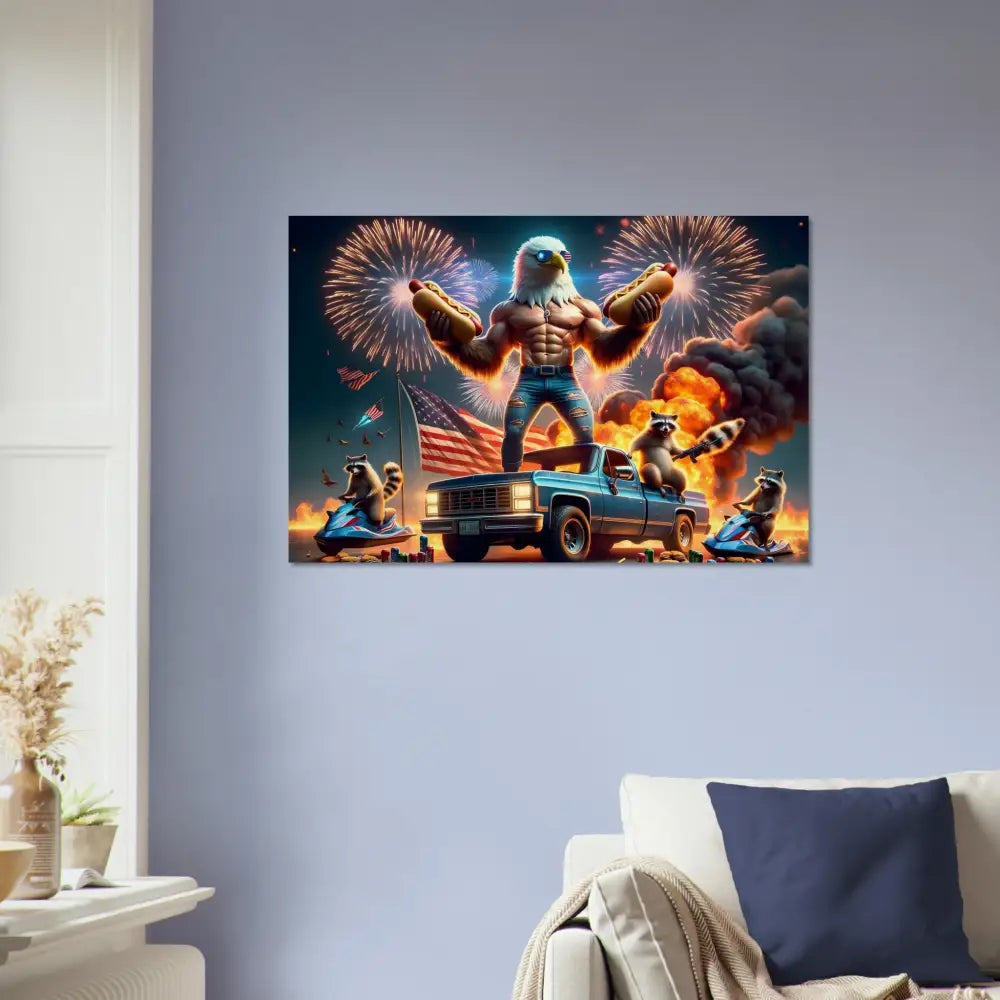 Patriotic eagle and raccoon celebrating on Wood Prints Stars Stripes Flaming Hot Dogs PixiOnyx