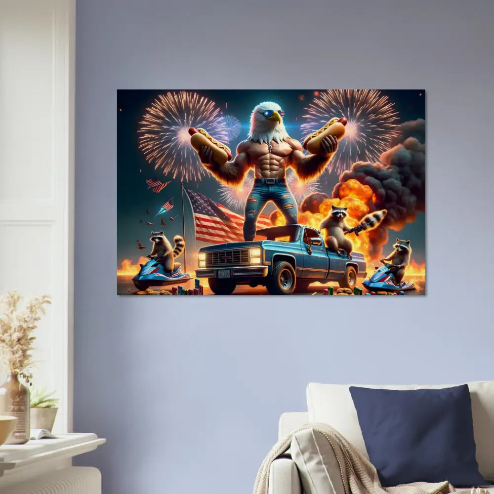 Patriotic eagle-themed artwork on rustic wood print in Stars Stripes & Flaming Hot Dogs collection