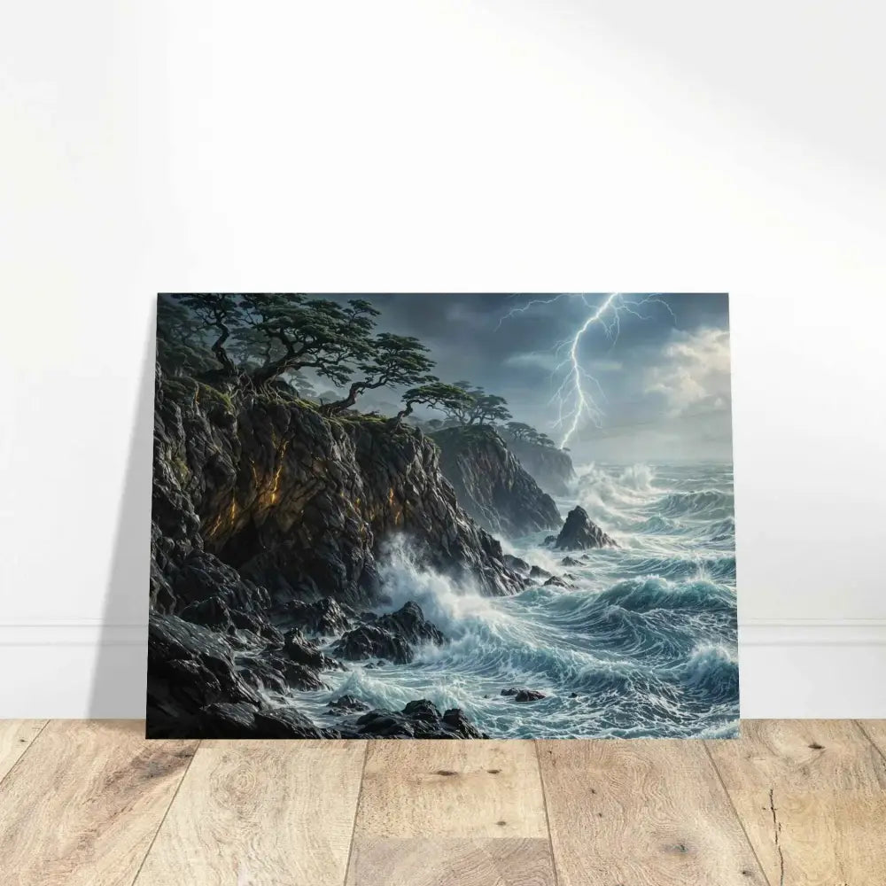 Wood prints offer a rustic feel with a stormy seascape of lightning over cliffs
