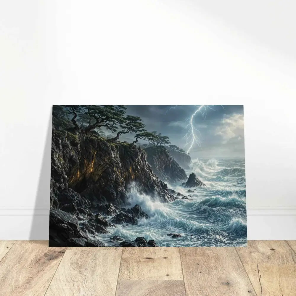 Wood prints offer a rustic feel with a stormy seascape of lightning over rocky cliffs