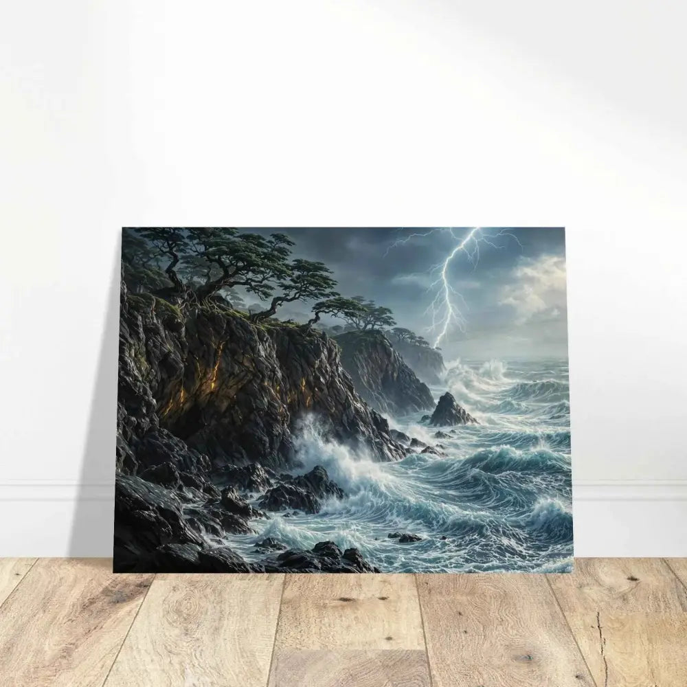 Wood prints offer a rustic feel with a stormy sea landscape on Stormroot Cliffs canvas