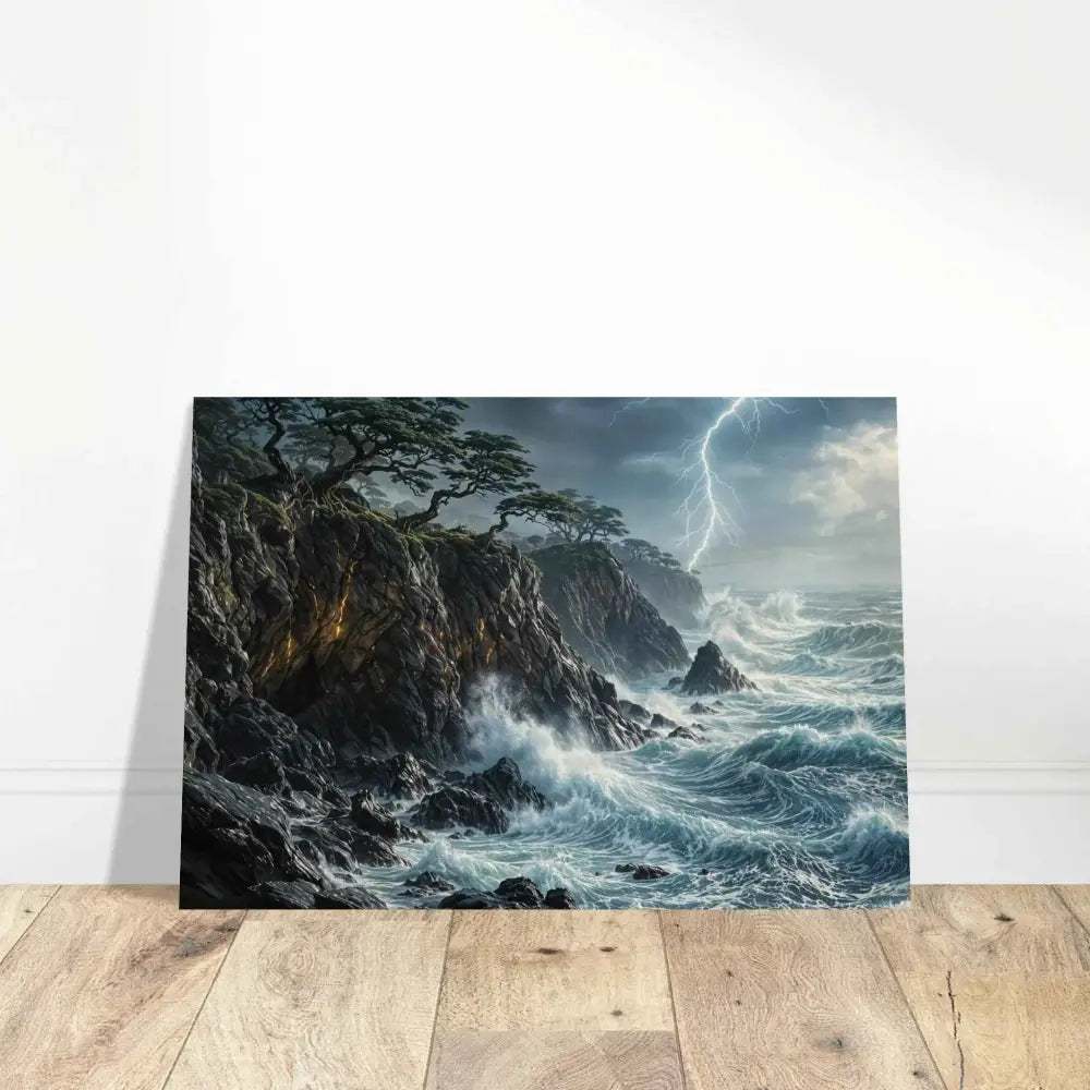 Rustic wood prints offer a dramatic coastal storm scene with lightning and crashing waves