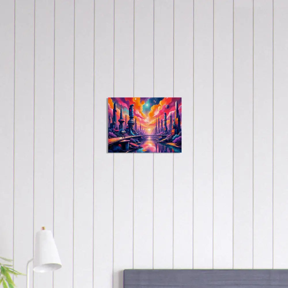 Futuristic cityscape wood print transforms futuristic beauty with vibrant colors and reflective water