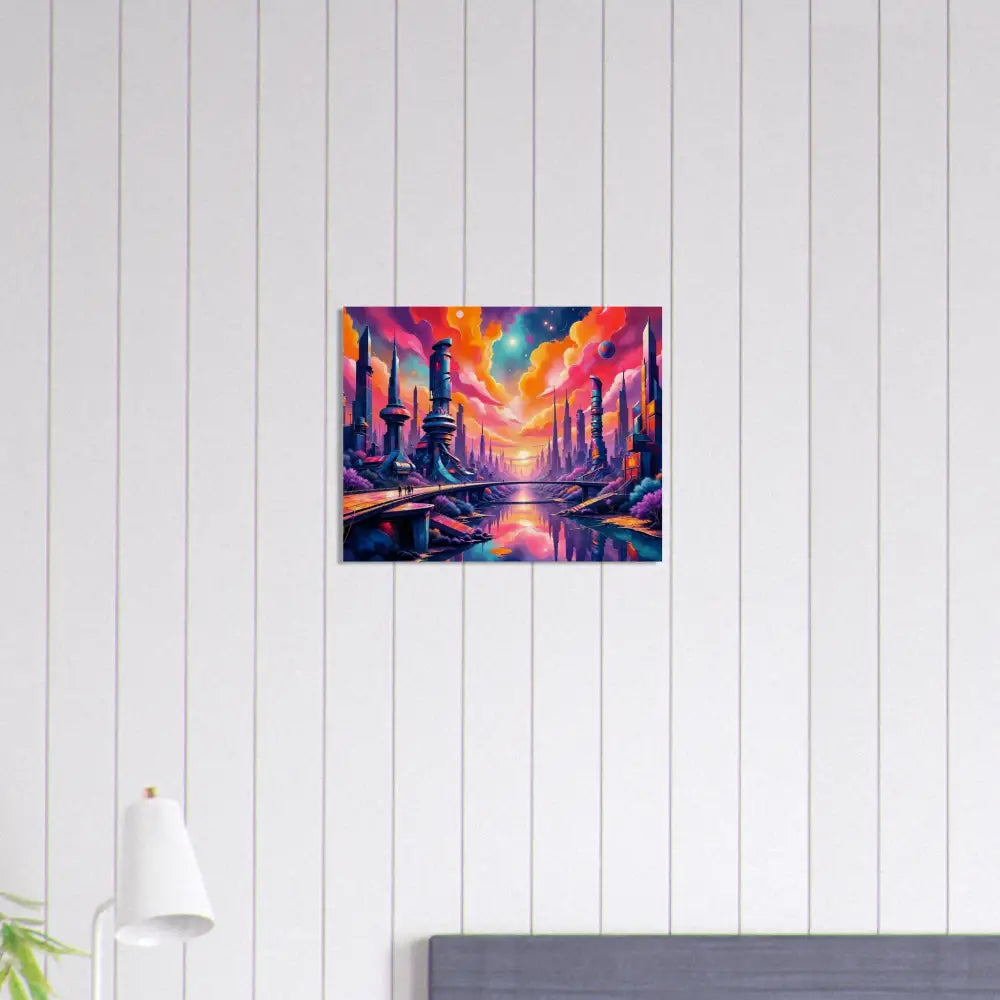 Wood print transforms futuristic beauty with vibrant fantasy cityscape painting on PixiOnyx