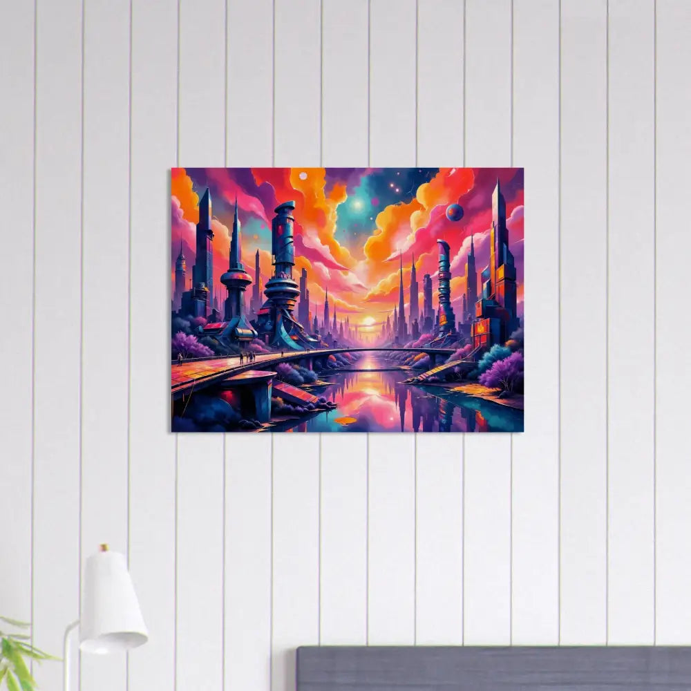 Wood print transforms futuristic cityscape with vibrant sky and river bridges for modern decor