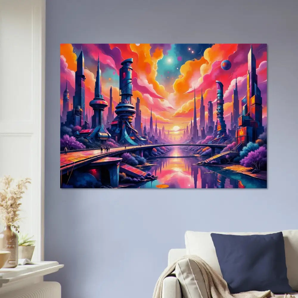 Vibrantly colored futuristic city artwork wood print transforms futuristic beauty for modern decor