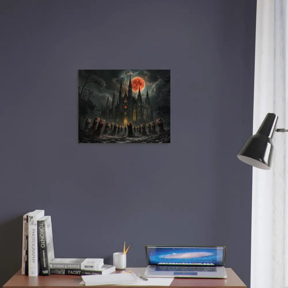 Gothic castle silhouette illuminated by a blood moon for Wood Prints The Crimson Liturgy