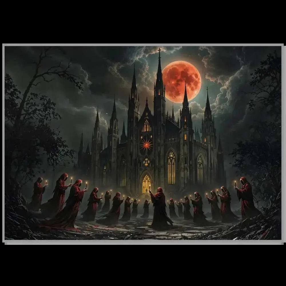Gothic cathedral under blood-red moon with robed figures holding candles for Crimson Liturgy printed directly