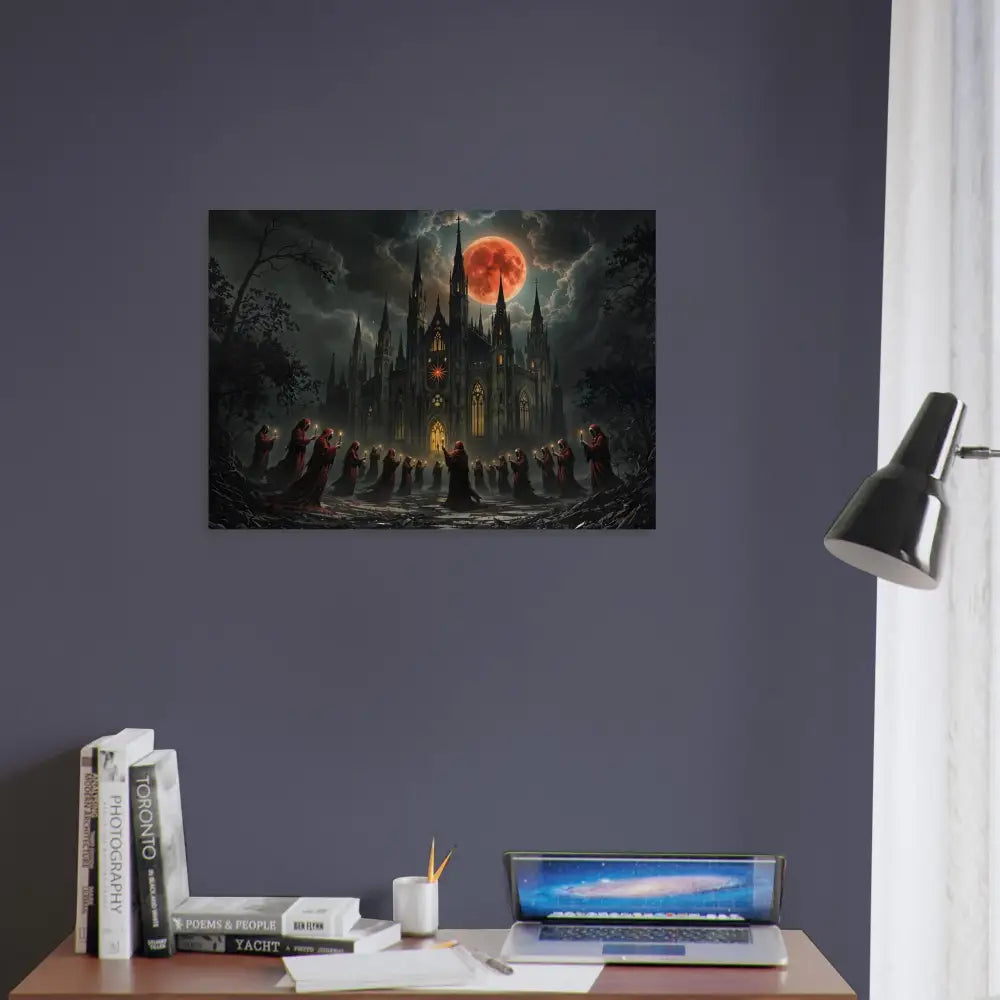 Gothic castle under a blood moon on Wood Prints The Crimson Liturgy PixiOnyx Sacred Grain Series