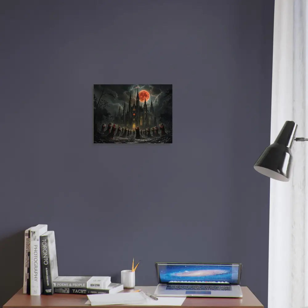 Gothic castle illuminated by a blood moon on Wood Prints The Crimson Liturgy PixiOnyx Sacred Grain Series