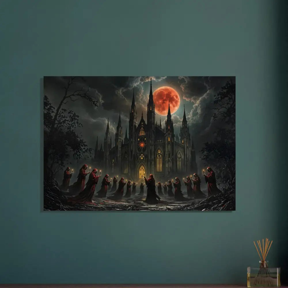 Gothic cathedral under blood moon with robed figures for Wood Prints The Crimson Liturgy series