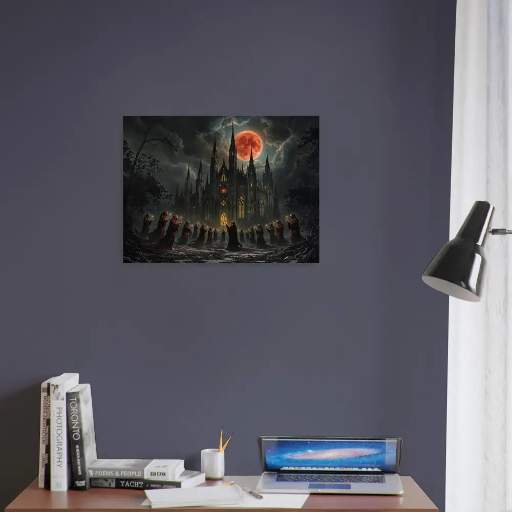 Gothic castle under a blood moon on Wood Prints The Crimson Liturgy PixiOnyx Sacred Grain