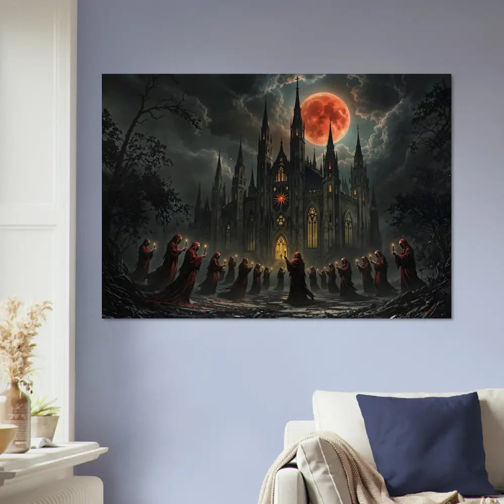 Gothic castle with hooded figures under a blood moon on Wood Prints The Crimson Liturgy PixiOnyx Sacred Grain Series