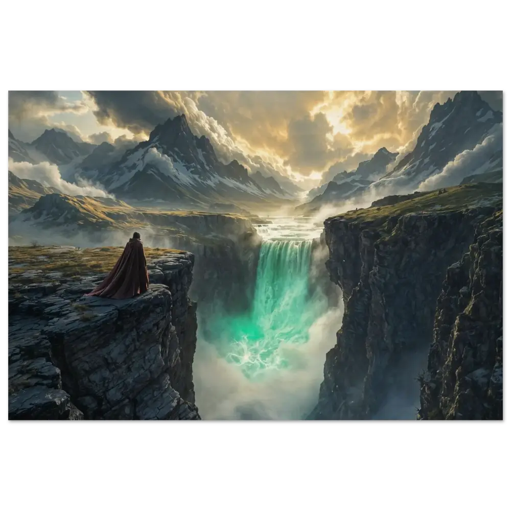 Dramatic mountain waterfall scene on Wood Prints The Edge of Silence PixiOnyx Forestgrain Stillness Edition